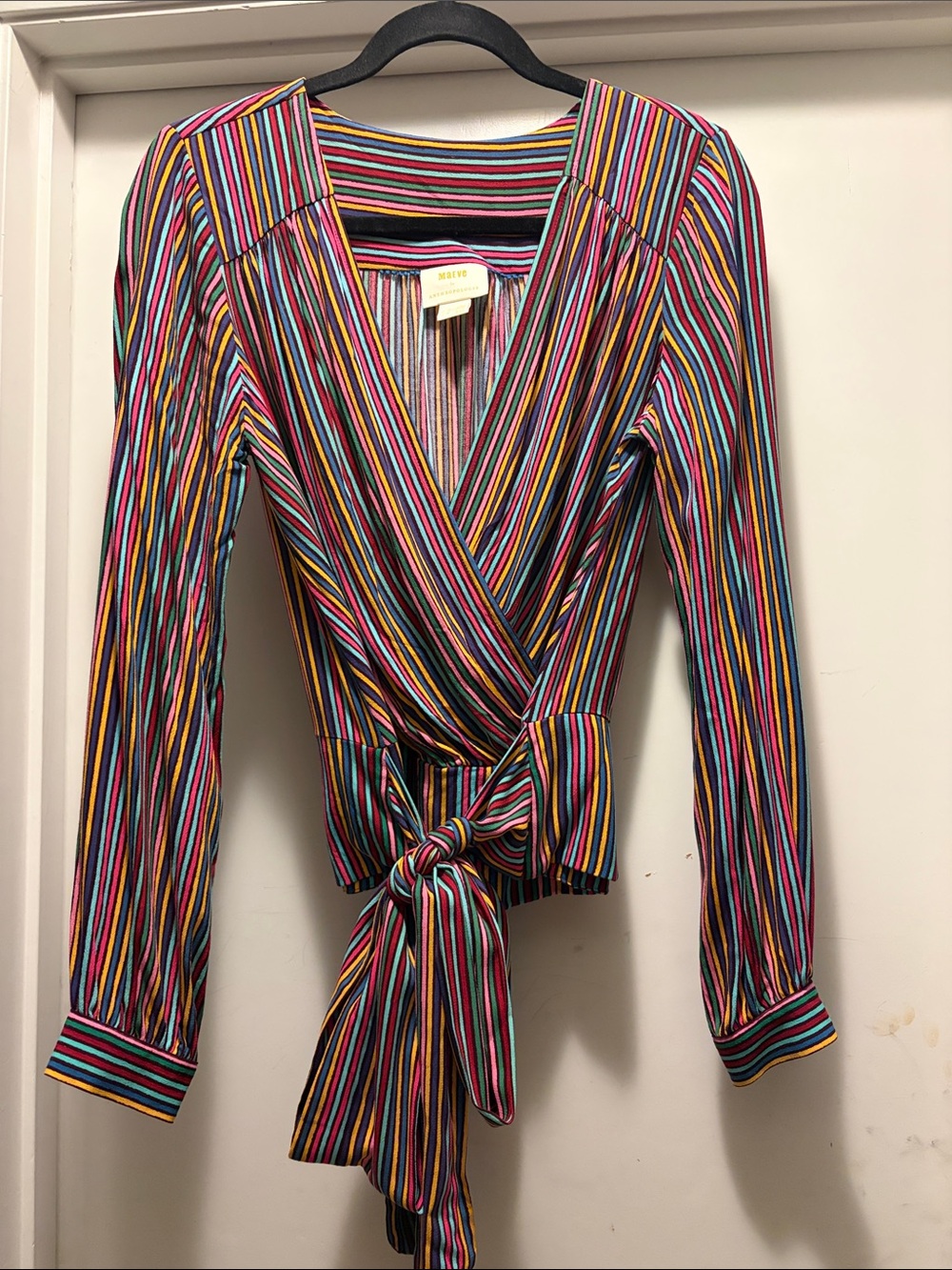 Maeve Striped Wrap Tie-Front Top in Multi-Color by Anthropologie Sz 8/ Med